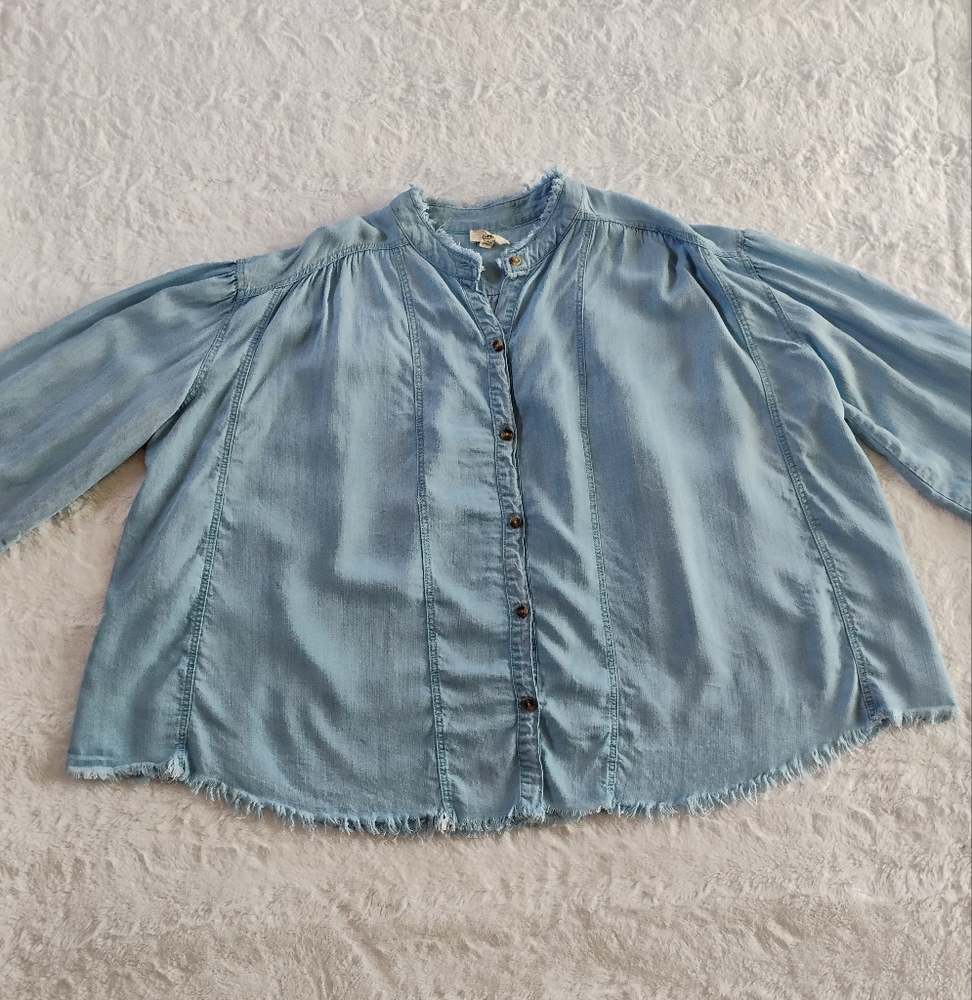 OTT Oversized Tencel Denim Frayed Button Down Shirt
